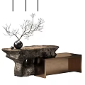 Modern Reception Desk With Stone Countertop And Decorative Branches Against Grid Patterned Wall 3d model