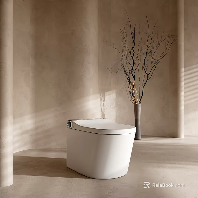 Smart White Ceramic Toilet In Modern Minimalist Bathroom With Decorative Branch Vase 3d model 