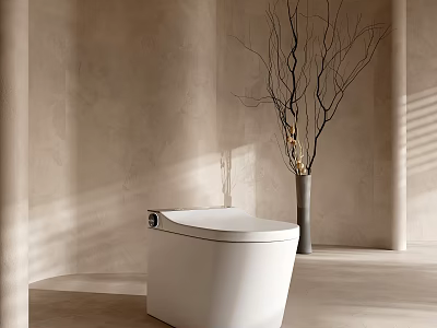 Smart White Ceramic Toilet In Modern Minimalist Bathroom With Decorative Branch Vase 3d model