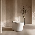 Smart White Ceramic Toilet In Modern Minimalist Bathroom With Decorative Branch Vase