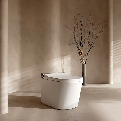 Smart White Ceramic Toilet In Modern Minimalist Bathroom With Decorative Branch Vase 3d model