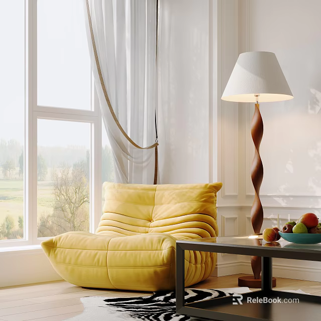 Yellow Single Sofa With Padded Design Floor Lamp Coffee Table And Scenic Window View 3d model 