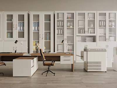 Modern Office Space With White Cabinets Desk Chair And Filing Cabinet 3d model