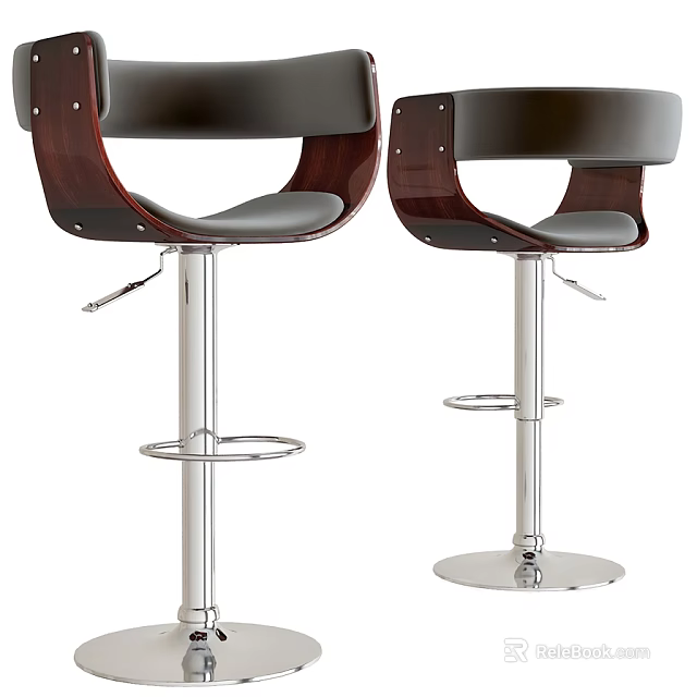 Modern Leather Seat Wooden Backrest Bar Stools With Adjustable Height And Metal Base 3d model 