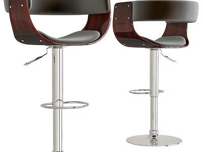 Modern Leather Seat Wooden Backrest Bar Stools With Adjustable Height And Metal Base 3d model
