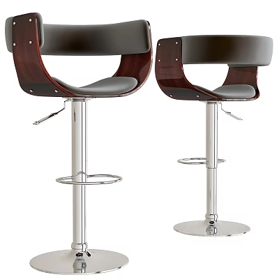 Modern Leather Seat Wooden Backrest Bar Stools With Adjustable Height And Metal Base 3d model