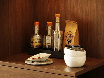 Daily Necessities On Wooden Countertop With Bottles Coffee Bag And Bowls 3d model