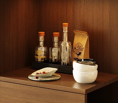 Daily Necessities On Wooden Countertop With Bottles Coffee Bag And Bowls 3d model