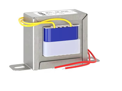 Silver Metal Case Transformer With Blue White Components And Yellow Red Wires 3d model