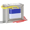 Silver Metal Case Transformer With Blue White Components And Yellow Red Wires