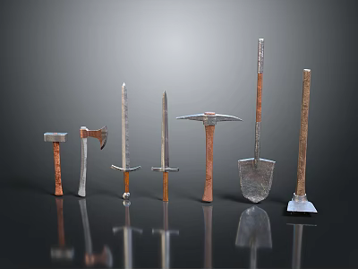 Set of Ancient Weapons Featuring Sword Axe Hammer Pickaxe Shovel with Wooden Handles 3d model