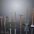 Set of Ancient Weapons Featuring Sword Axe Hammer Pickaxe Shovel with Wooden Handles