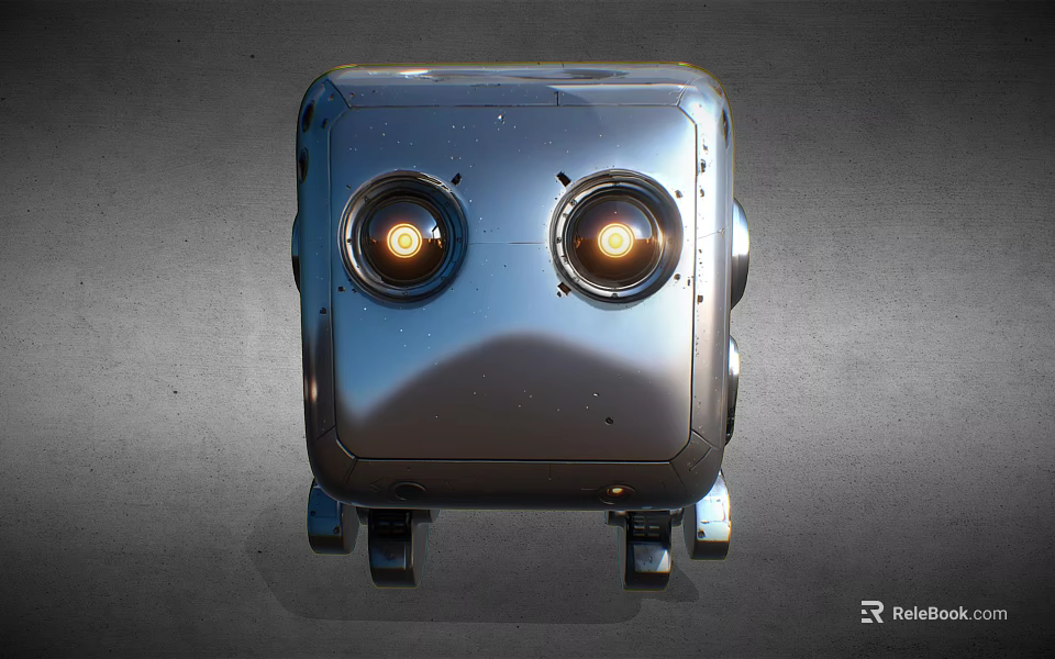 Smart Robot With Silver Square Body Glowing Round Eyes And Wheeled Base 3d model 