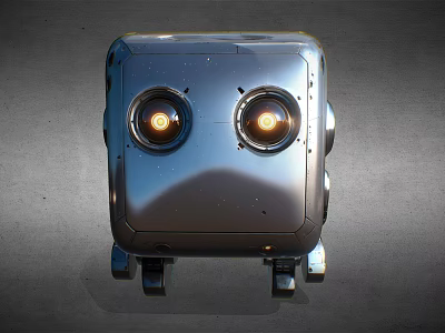 Smart Robot With Silver Square Body Glowing Round Eyes And Wheeled Base 3d model