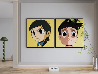 Diptych Cartoon Character Wall Paintings With Yellow Background And Expressive Faces For Interior Decor 3d model