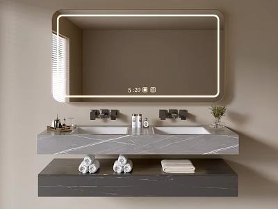 Modern Bathroom Vanity Cabinet With Double Sinks Marble Countertop And Backlit Mirror 3d model