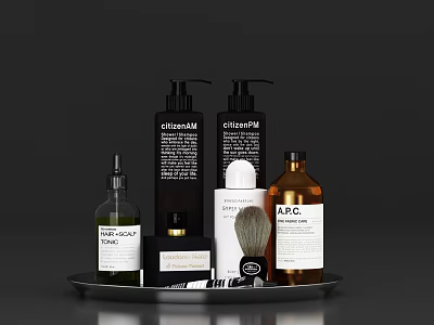 Modern Bathroom Accessories With Bottles Shaving Brush And Organized Tray 3d model