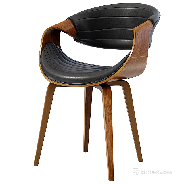 Modern Accent Chair Featuring Black Leather Seat And Wooden Curved Frame Design 3d model 
