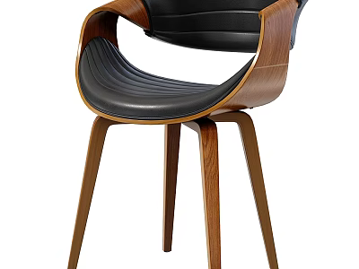 Modern Accent Chair Featuring Black Leather Seat And Wooden Curved Frame Design 3d model
