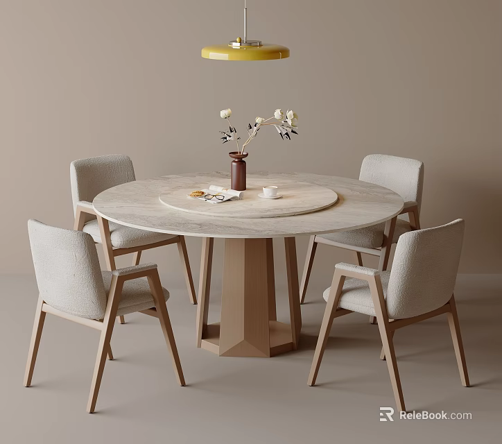 Dining Table And Chairs Set With Round Marble Top Wooden Legs Light Gray Fabric Seats 3d model 