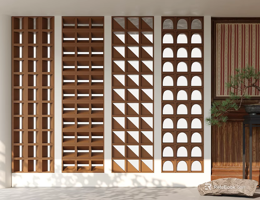 Wooden Room Dividers Featuring Vertical Slats Triangular Patterns And Circular Cutouts For Modern Interior Design 3d model 