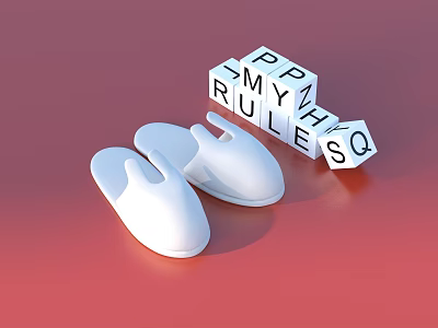 White Slippers With Alphabet Blocks Spelling My Rules On Red Background 3d model