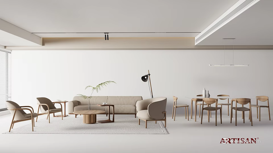 Modern Living Room Interior Sofa and Coffee Table Set with Wooden Table and Accent Chairs 3d model 