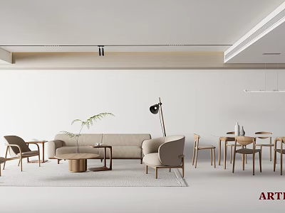 Modern Living Room Interior Sofa and Coffee Table Set with Wooden Table and Accent Chairs 3d model