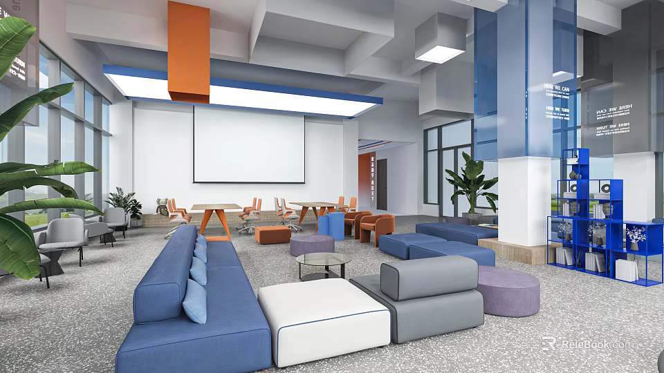 Modern Lounge Area With Comfortable Sofas Cozy Seating Projection Screen And Green Plants 3d model 