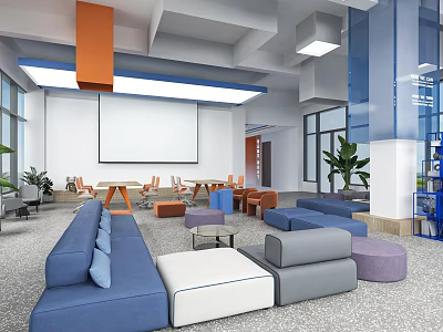 Modern Lounge Area With Comfortable Sofas Cozy Seating Projection Screen And Green Plants 3d model
