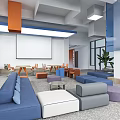 Modern Lounge Area With Comfortable Sofas Cozy Seating Projection Screen And Green Plants