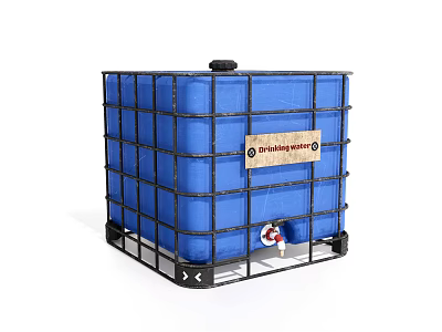 Blue Industrial Tank With Metal Frame Label And Bottom Valve Structure 3d model