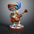 Fantasy Character In Elaborate Costume With Feathered Creature Playing Lute On Checkerboard Base