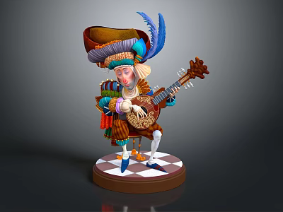 Fantasy Character In Elaborate Costume With Feathered Creature Playing Lute On Checkerboard Base 3d model