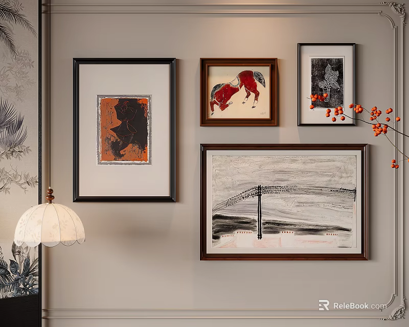 Elegant Gallery Wall With Diverse Decorative Frames And Artworks For Interior Design 3d model