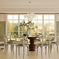 Elegant Dining Room Interior With Wooden Table Patterned Chairs Chandelier Large Windows And Green Plants