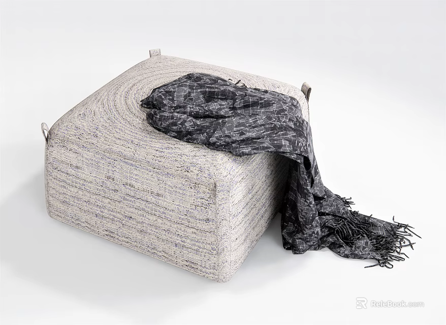 Gray Woven Ottoman With Dark Scarf On White Background For Home Decor 3d model 