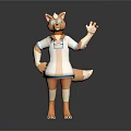 Cute Orange Fox Cartoon Game Character in White Dress with Blue Trim Posing Playfully