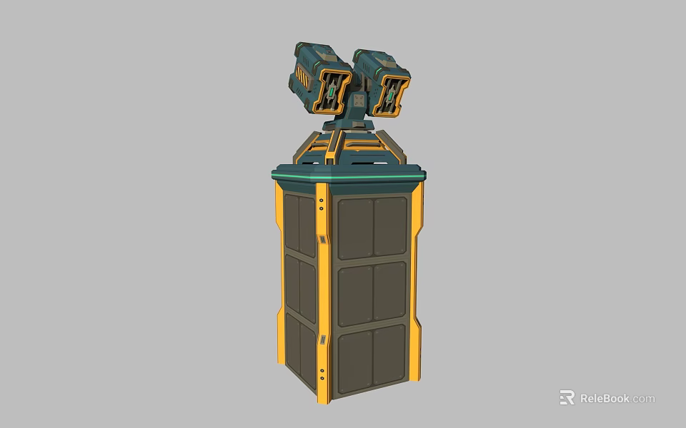 Futuristic Weapon Structure With Dual Barrel Design And Square Green Yellow Accents 3d model 