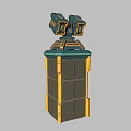 Futuristic Weapon Structure With Dual Barrel Design And Square Green Yellow Accents