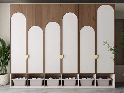 Modern Wooden Wardrobe with White Arched Doors and Multiple Storage Baskets for Home Storage 3d model