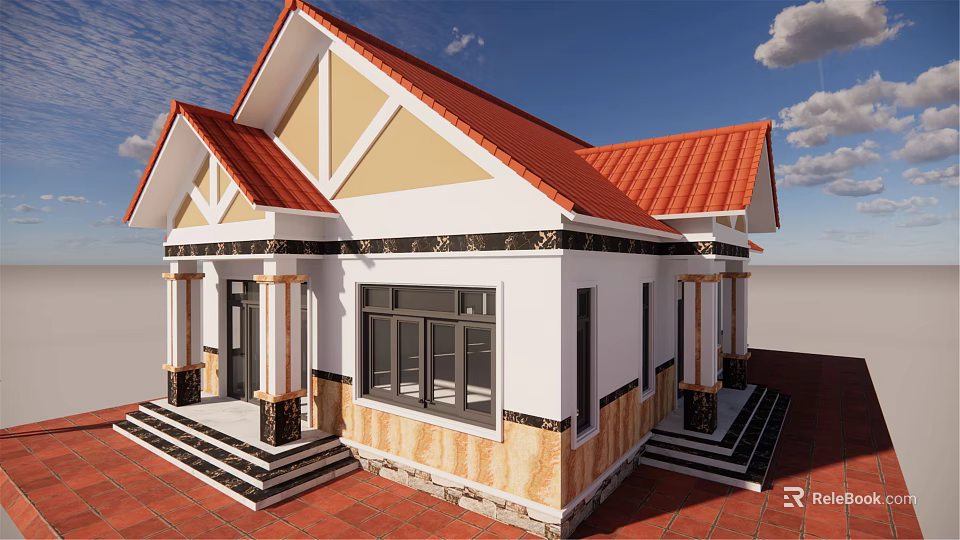 Elegant Detached Villa With Red Tiled Roof White Beige Walls Stone Accents And Porch Steps 3d model 