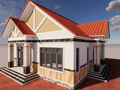 Elegant Detached Villa With Red Tiled Roof White Beige Walls Stone Accents And Porch Steps 3d model