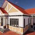 Elegant Detached Villa With Red Tiled Roof White Beige Walls Stone Accents And Porch Steps