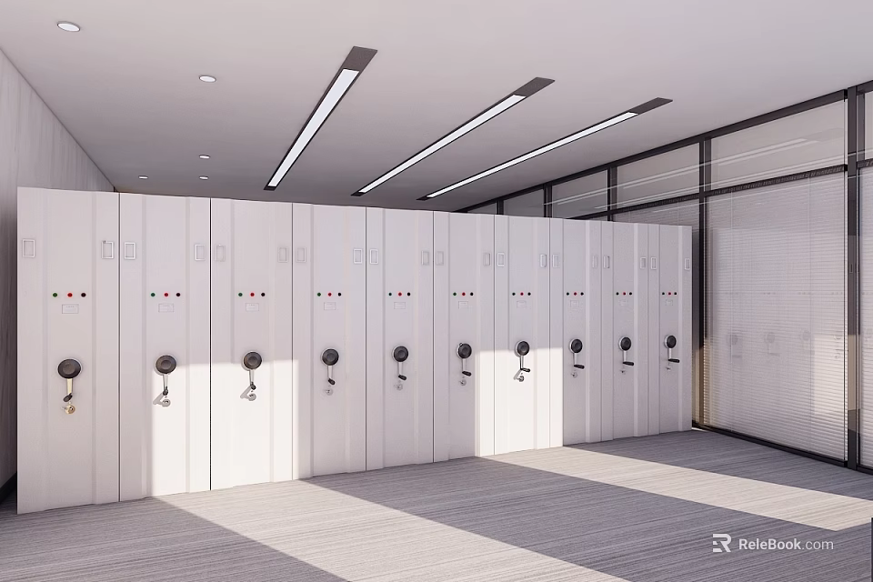 Modern Storage Area With White Lockers And Linear Ceiling Lights 3d model 