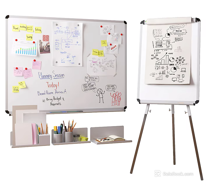 Art Supplies Setup with Whiteboard Easel Pencils Colored Pens and Sticky Notes 3d model 