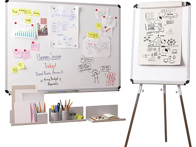 Art Supplies Setup with Whiteboard Easel Pencils Colored Pens and Sticky Notes 3d model