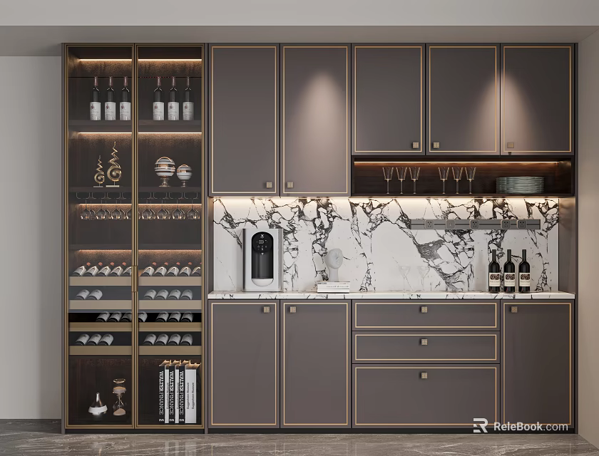 Modern Elegant Wine Cabinet With Marble Backsplash Wine Glass Holders And Storage Drawers 3d model 