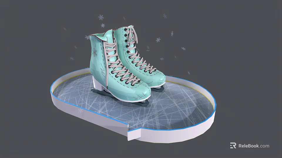 Stylish Light Blue Ice Skates Placed On Round Ice Crack Platform With Snowflakes 3d model 