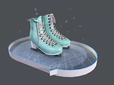 Stylish Light Blue Ice Skates Placed On Round Ice Crack Platform With Snowflakes 3d model